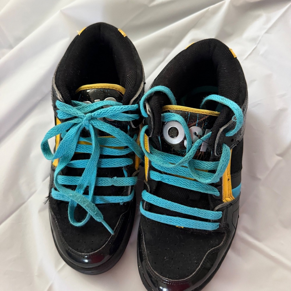 Osiris Mens NYC 83 Mid Skate Shoes VTG 9.5 Black Teal Yellow Paint Splatter Y2K